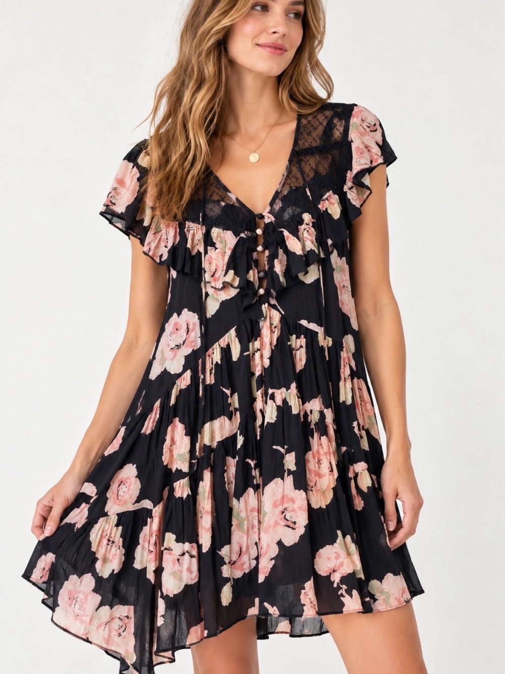 Free People Black Pink Floral Lace Ruffle Dress Tunic M NWOT